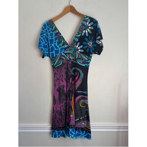 Desigual Short Sleeve V-Neck Midi Dress Women's Size Medium Blue Purple